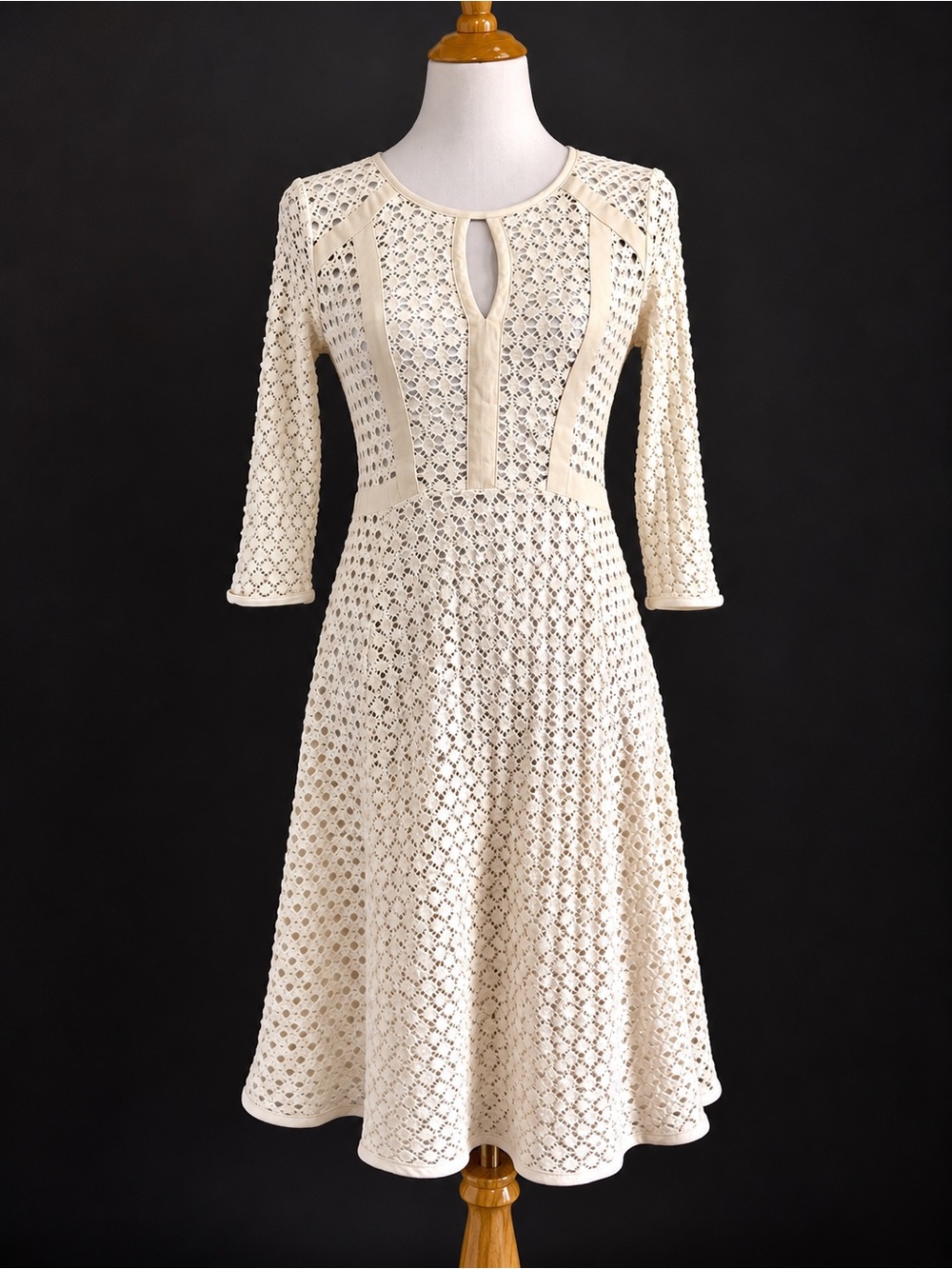 Nanette Lepore Ivory Crochet Lace Fit & Flare Dress L Boho Romantic Midi Keyhole